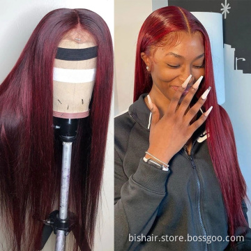 Brazilian 99J Bone Straight Human Hair Wine Red Transparent Lace Closed 13X4X1Straight Lace Former Human Hair Wig Remy Wholesale